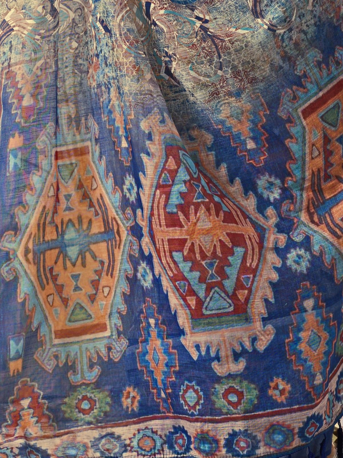 Odette Blue Linen Cotton Printed Saree For Women - Image 5
