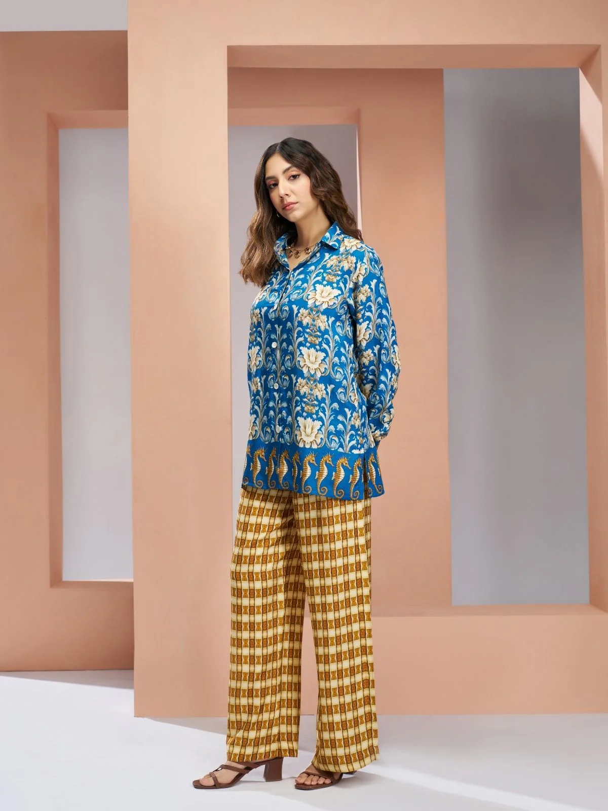 Odette Blue Linen Printed Stitched Co-Ord Set For Women - Image 2