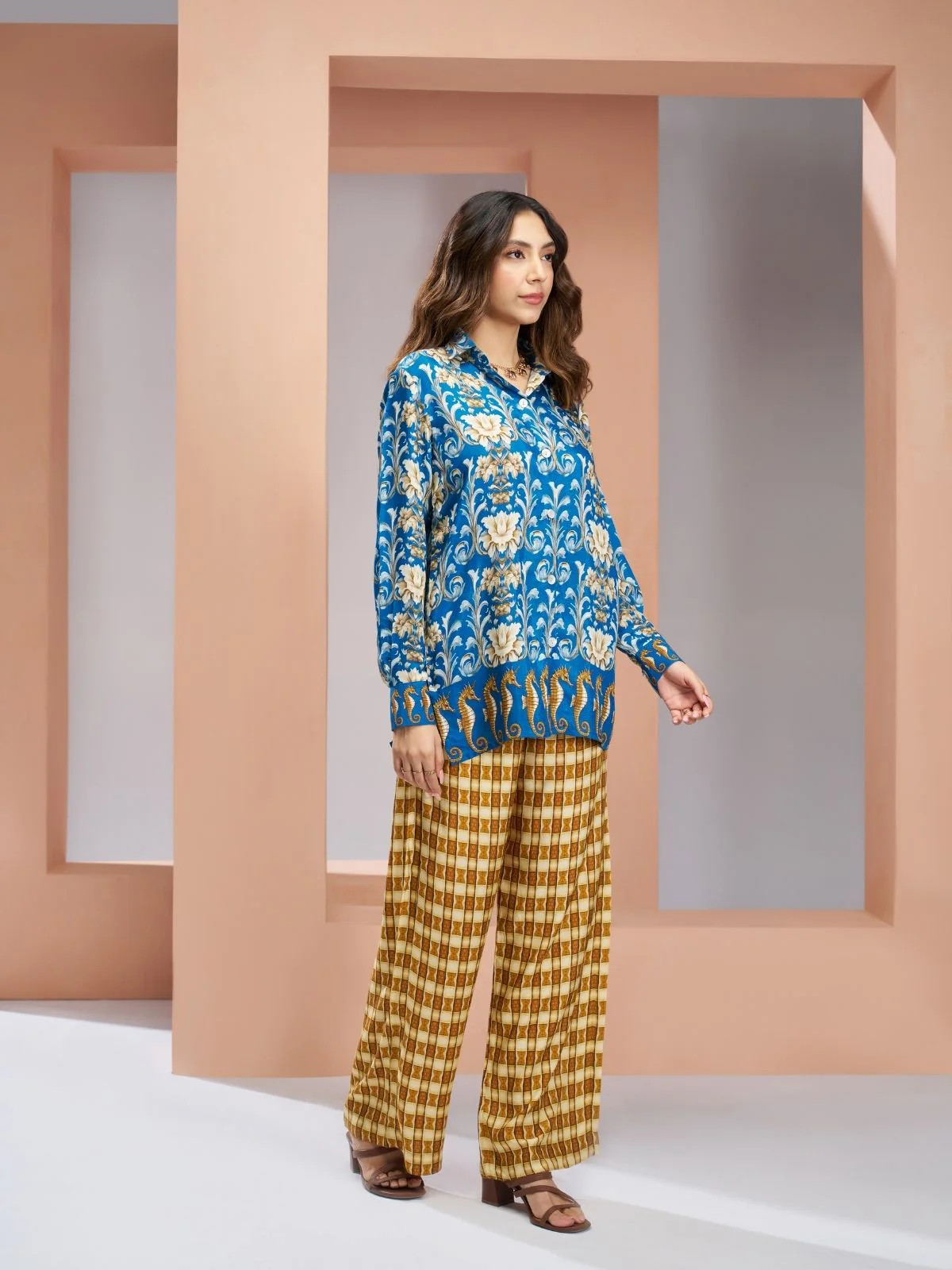 Odette Blue Linen Printed Stitched Co-Ord Set For Women - Image 3