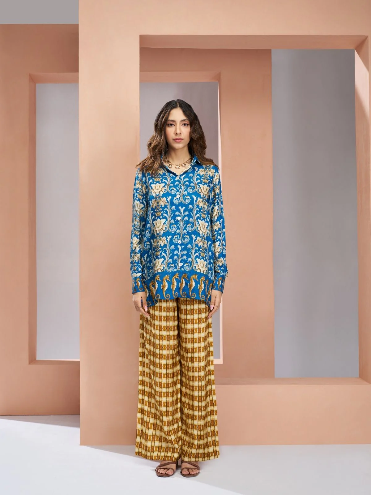 Odette Blue Linen Printed Stitched Co-Ord Set For Women - Image 5
