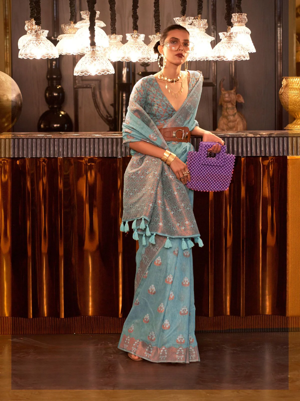 Odette Blue Linen Woven Saree With Unstitched Blouse For Women