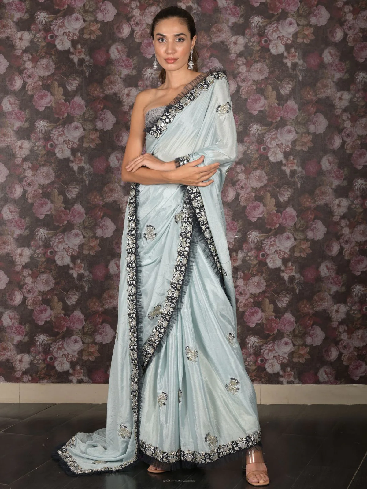 Odette Blue Mirror Embroidered Crepe Saree with Unstitched Blouse for Women - Image 2