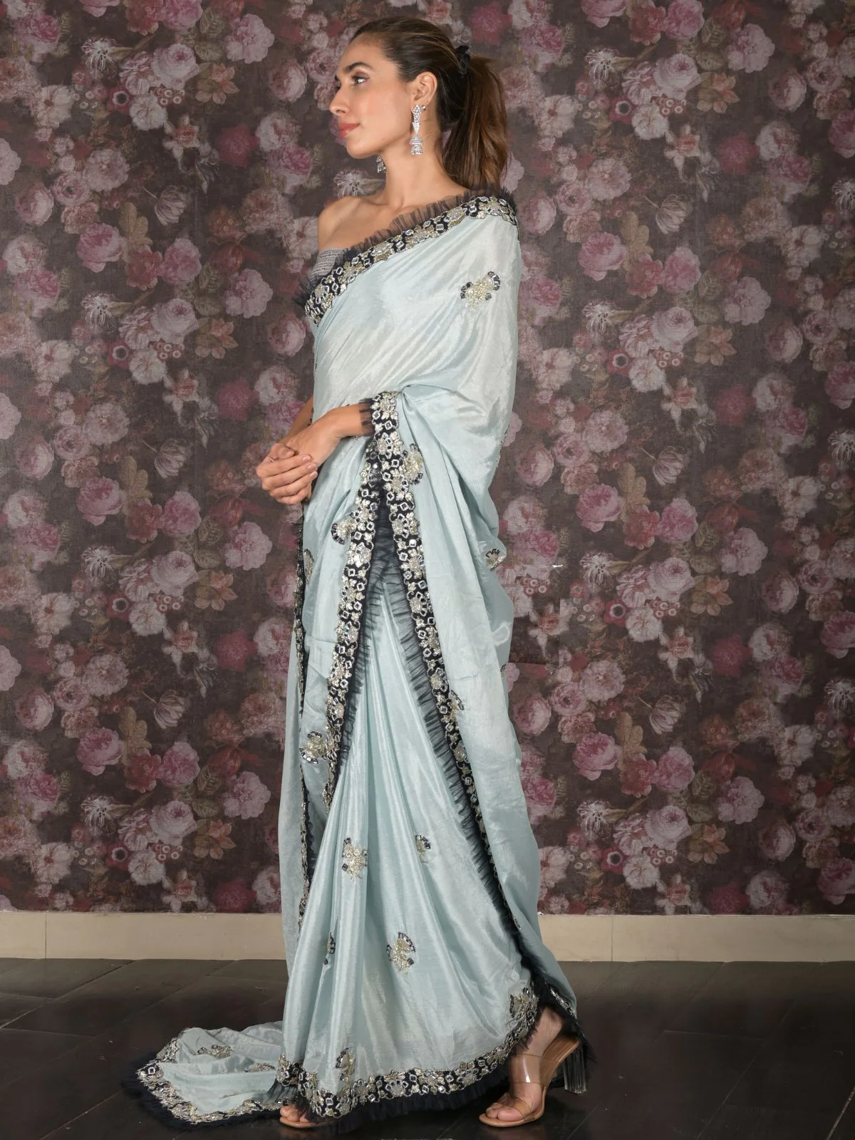 Odette Blue Mirror Embroidered Crepe Saree with Unstitched Blouse for Women - Image 3
