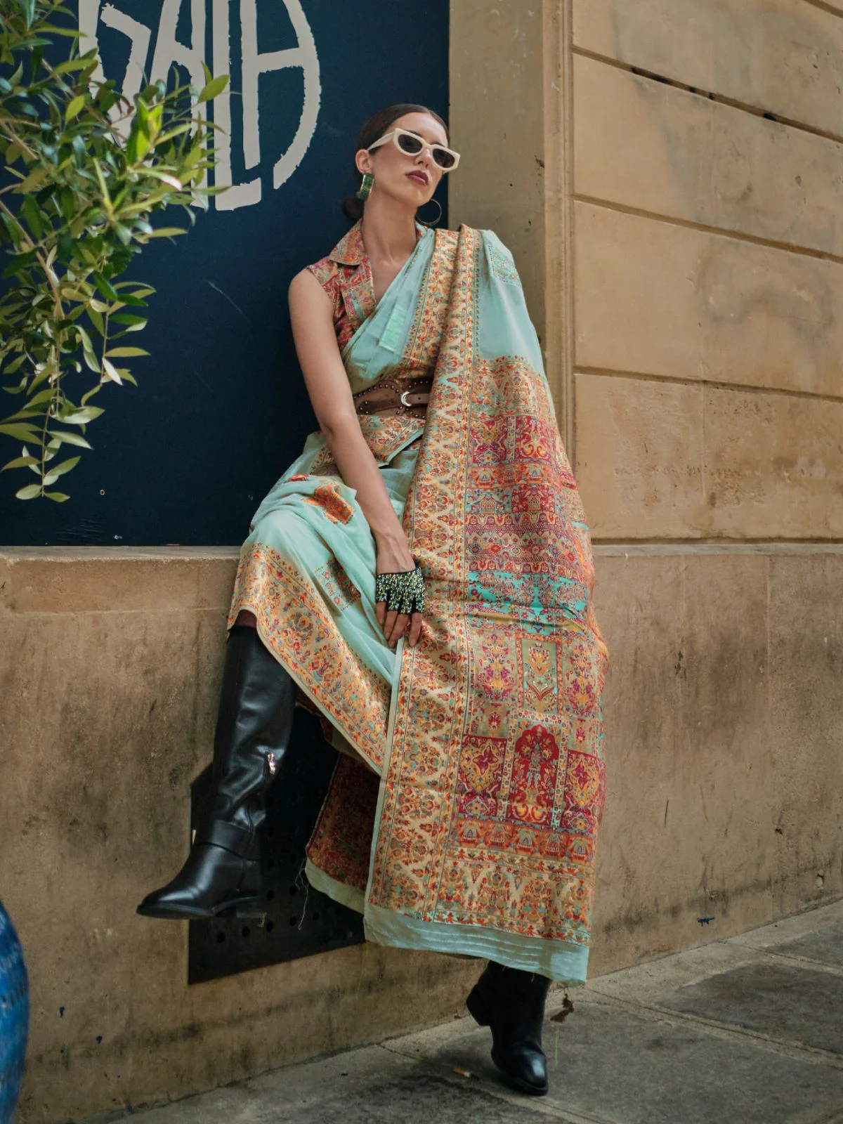 Odette Blue Modal Woven Saree With Unstitched Blouse For Women - Image 2