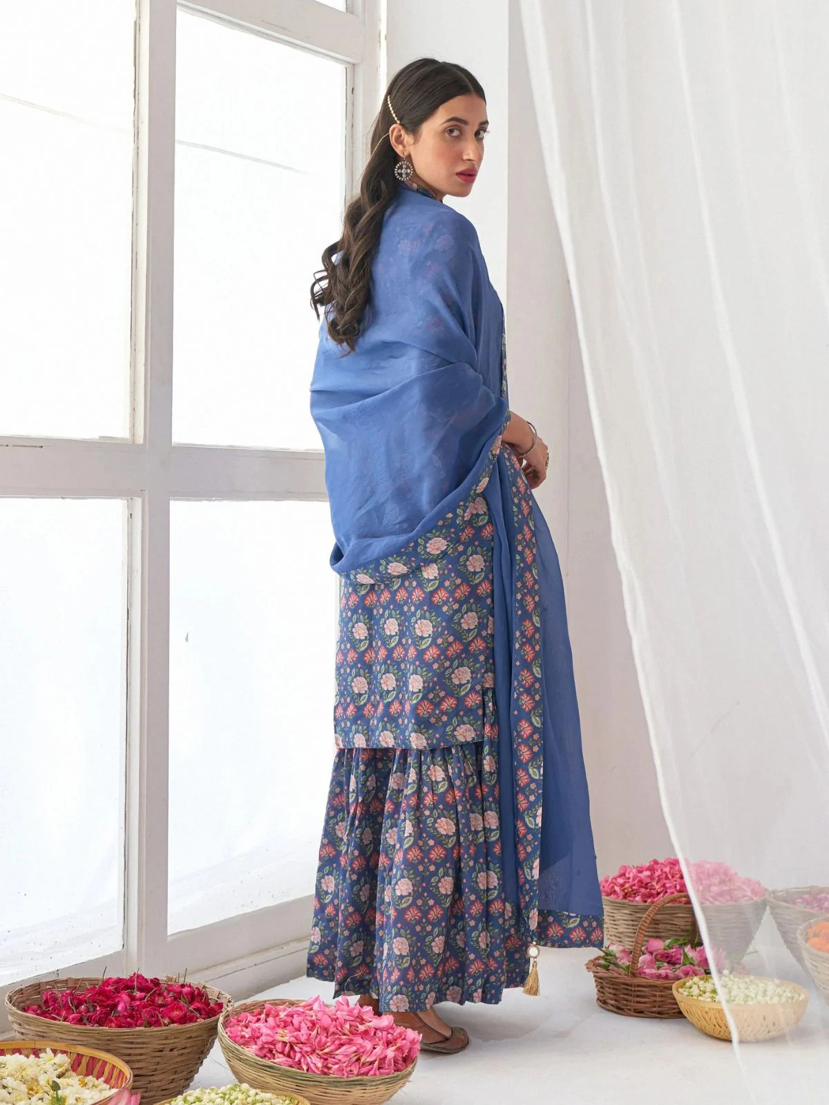 Odette Blue Muslin Printed Stitched Kurta Set For Women - Image 3