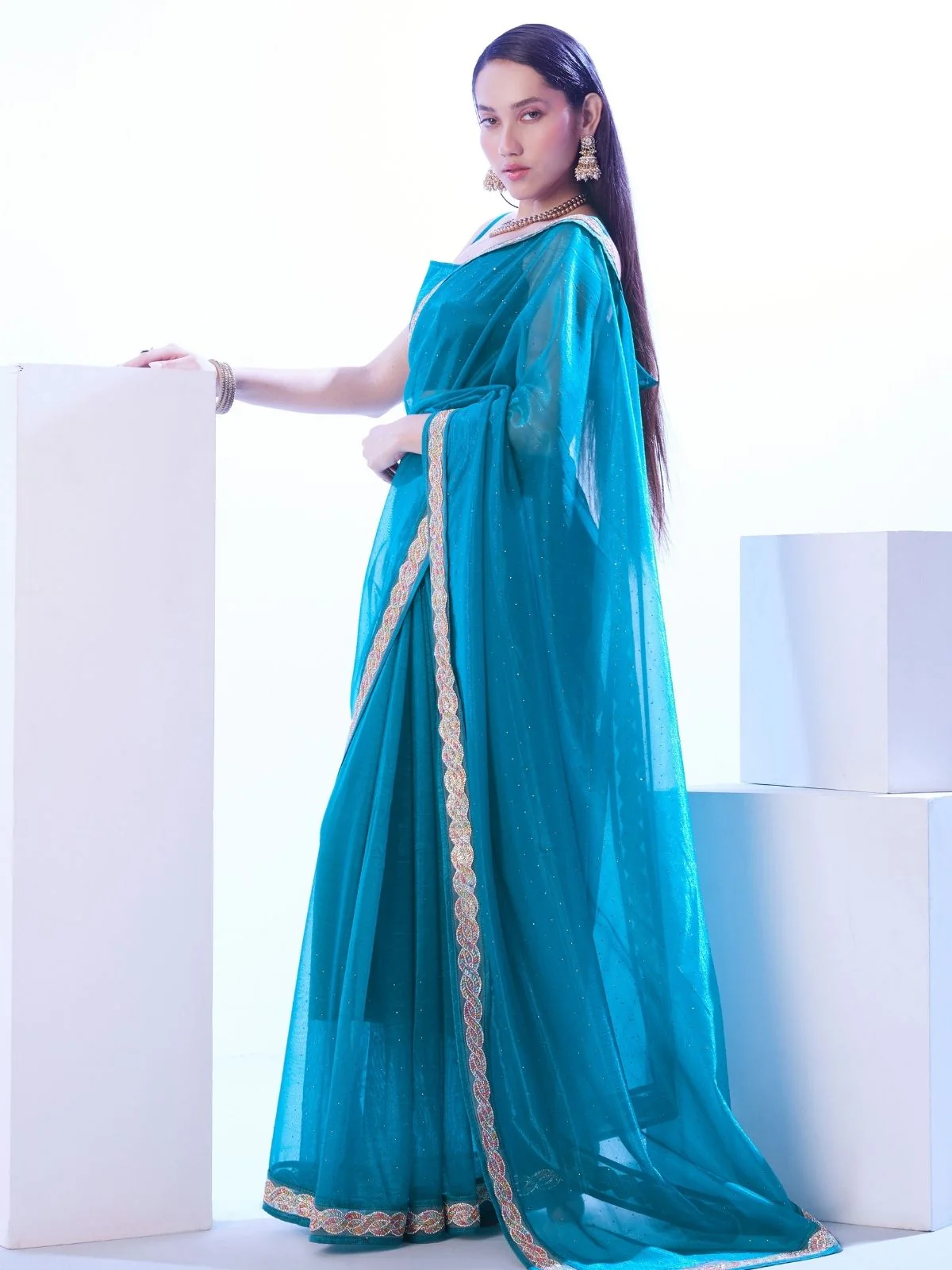 Odette Blue Net Embellished Lace Work Saree With Unstitched Blouse For Women - Image 3