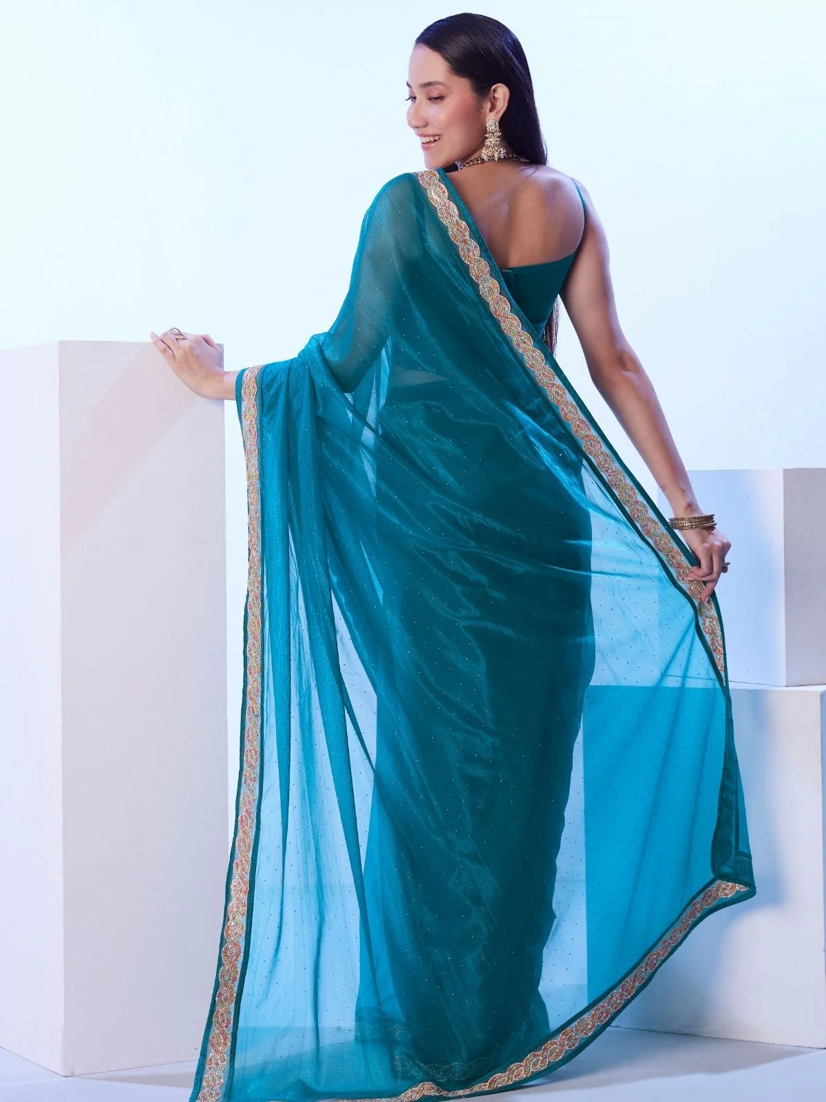 Odette Blue Net Embellished Lace Work Saree With Unstitched Blouse For Women - Image 5