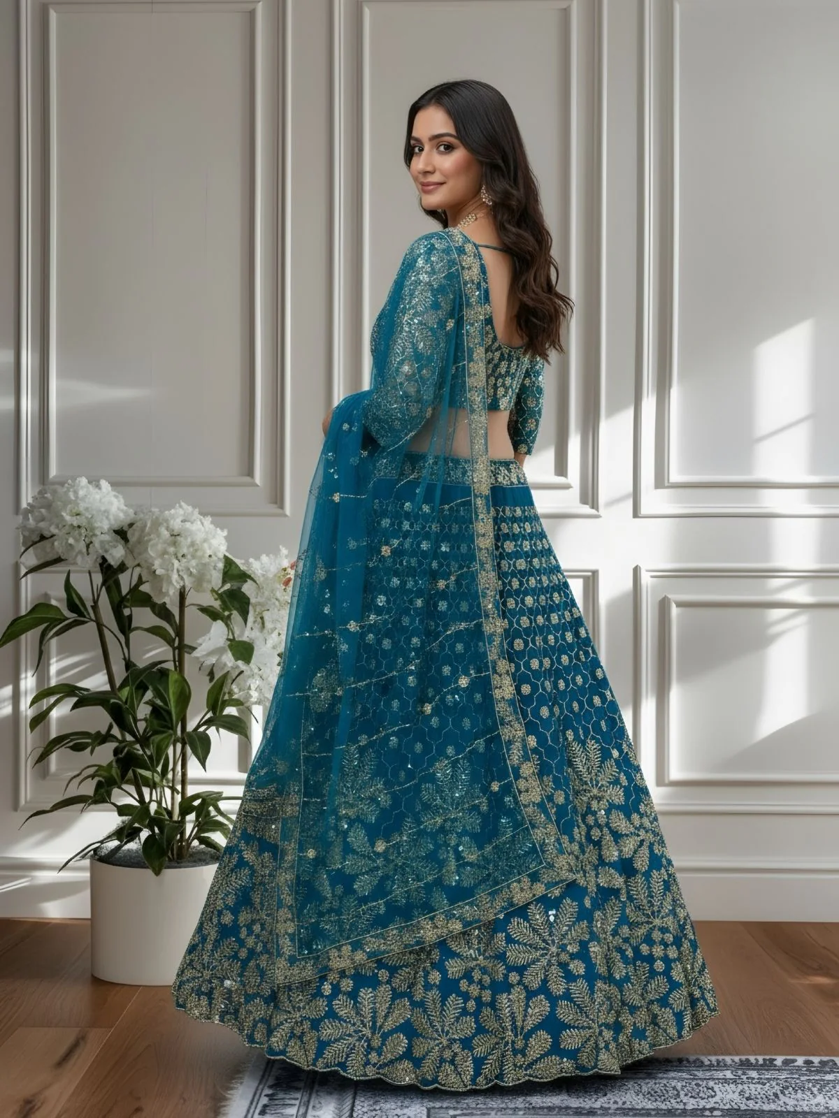Odette Blue Net Embellished Semi Stitched Lehenga For Women - Image 2