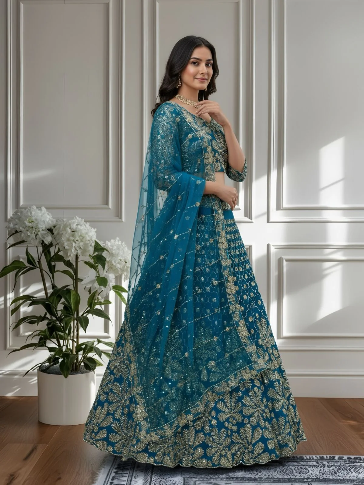 Odette Blue Net Embellished Semi Stitched Lehenga For Women - Image 3