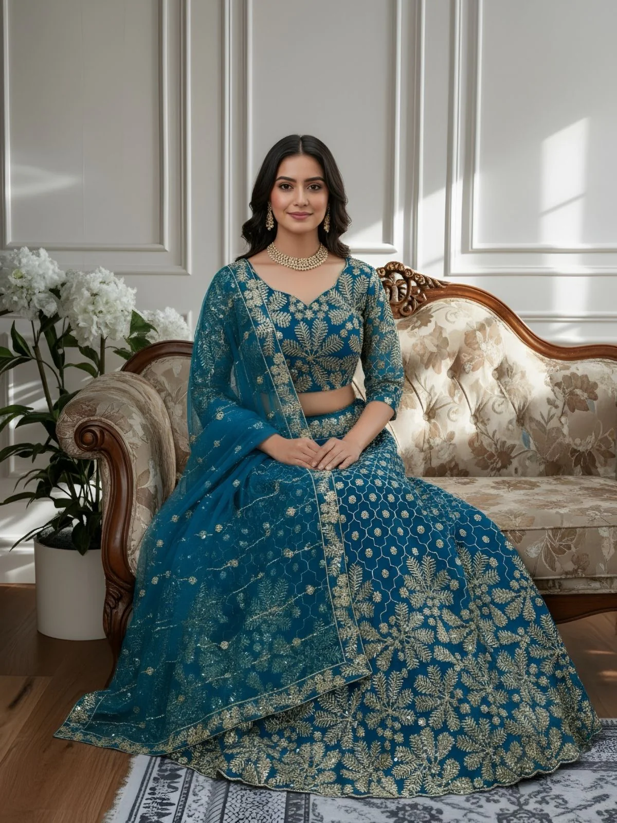 Odette Blue Net Embellished Semi Stitched Lehenga For Women - Image 4