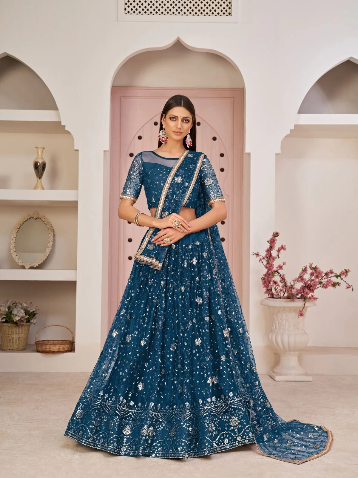 Odette Blue Net Embroidered Semi Stitched Lehenga For Women