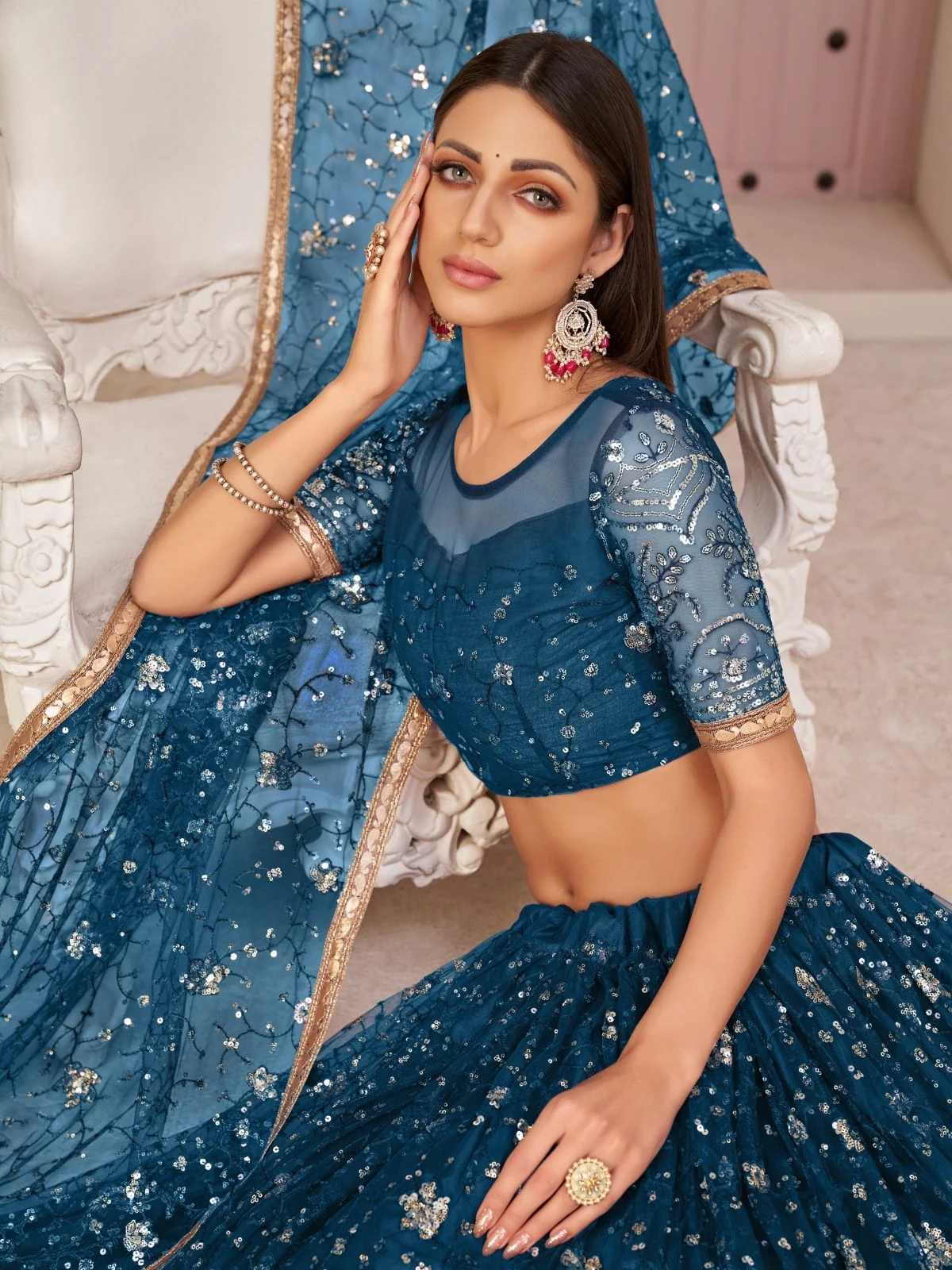 Odette Blue Net Embroidered Semi Stitched Lehenga For Women - Image 2
