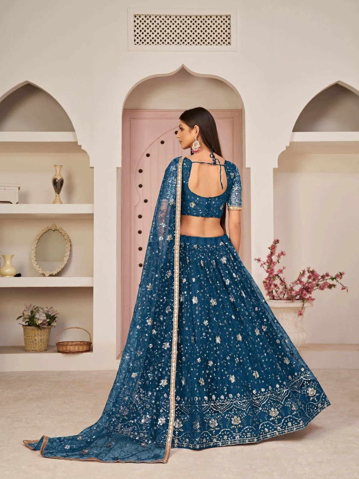 Odette Blue Net Embroidered Semi Stitched Lehenga For Women - Image 3