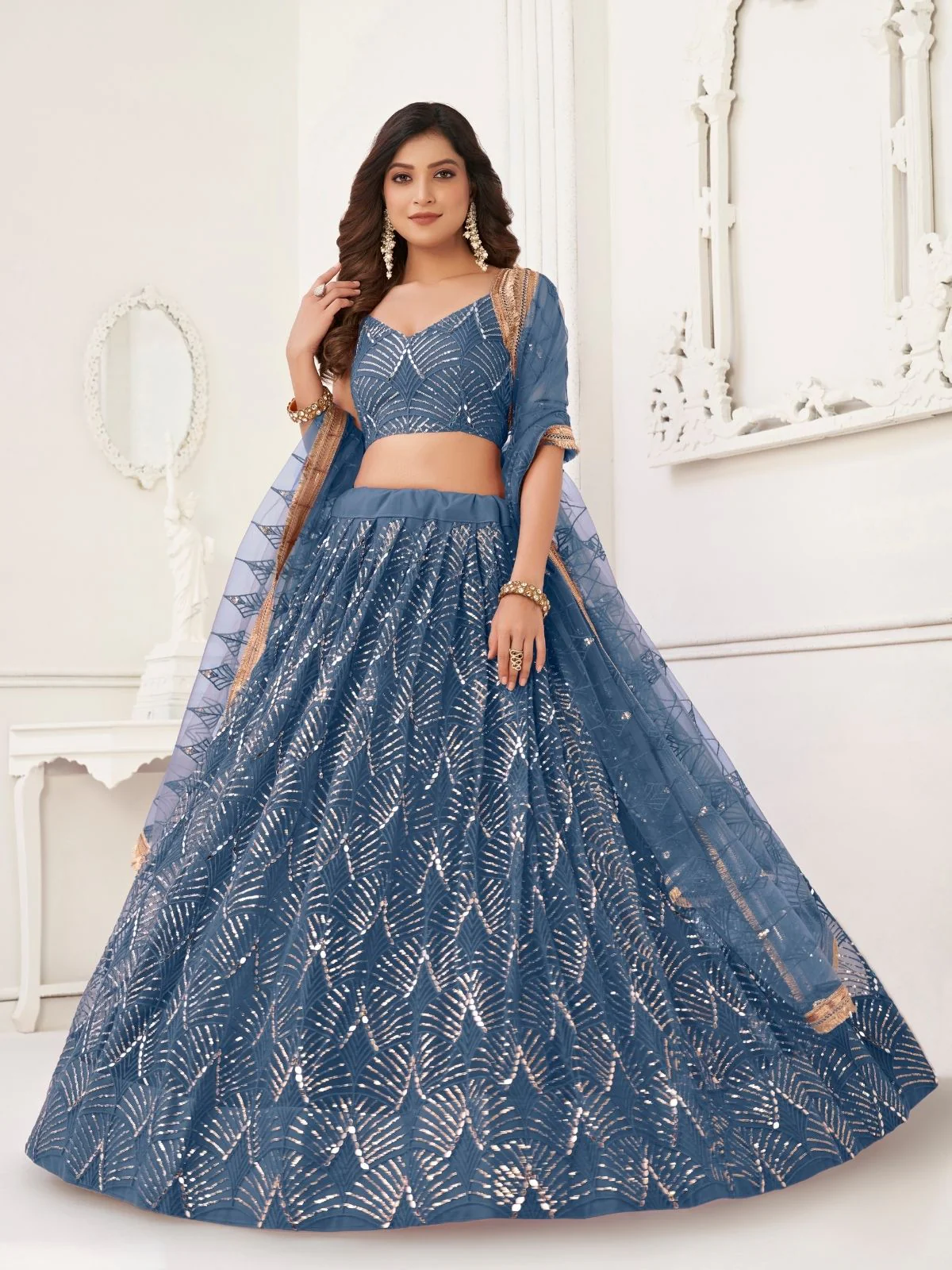 Odette Blue Net Embroidered Semi Stitched Lehenga For Women