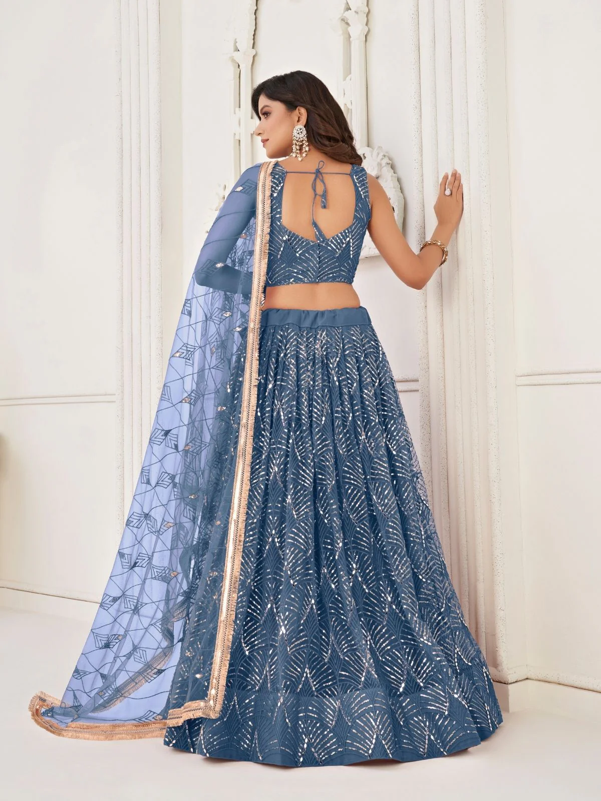 Odette Blue Net Embroidered Semi Stitched Lehenga For Women - Image 3
