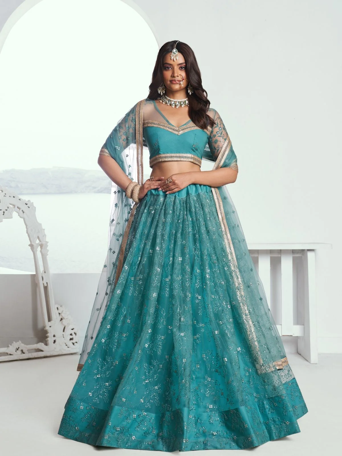 Odette Blue Net Embroidered Semi Stitched Lehenga For Women