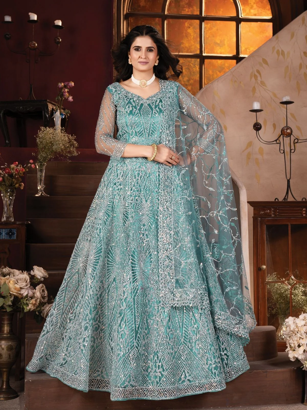 Odette Blue Net Embroidered Semi-Stitched lehenga For Women - Image 2