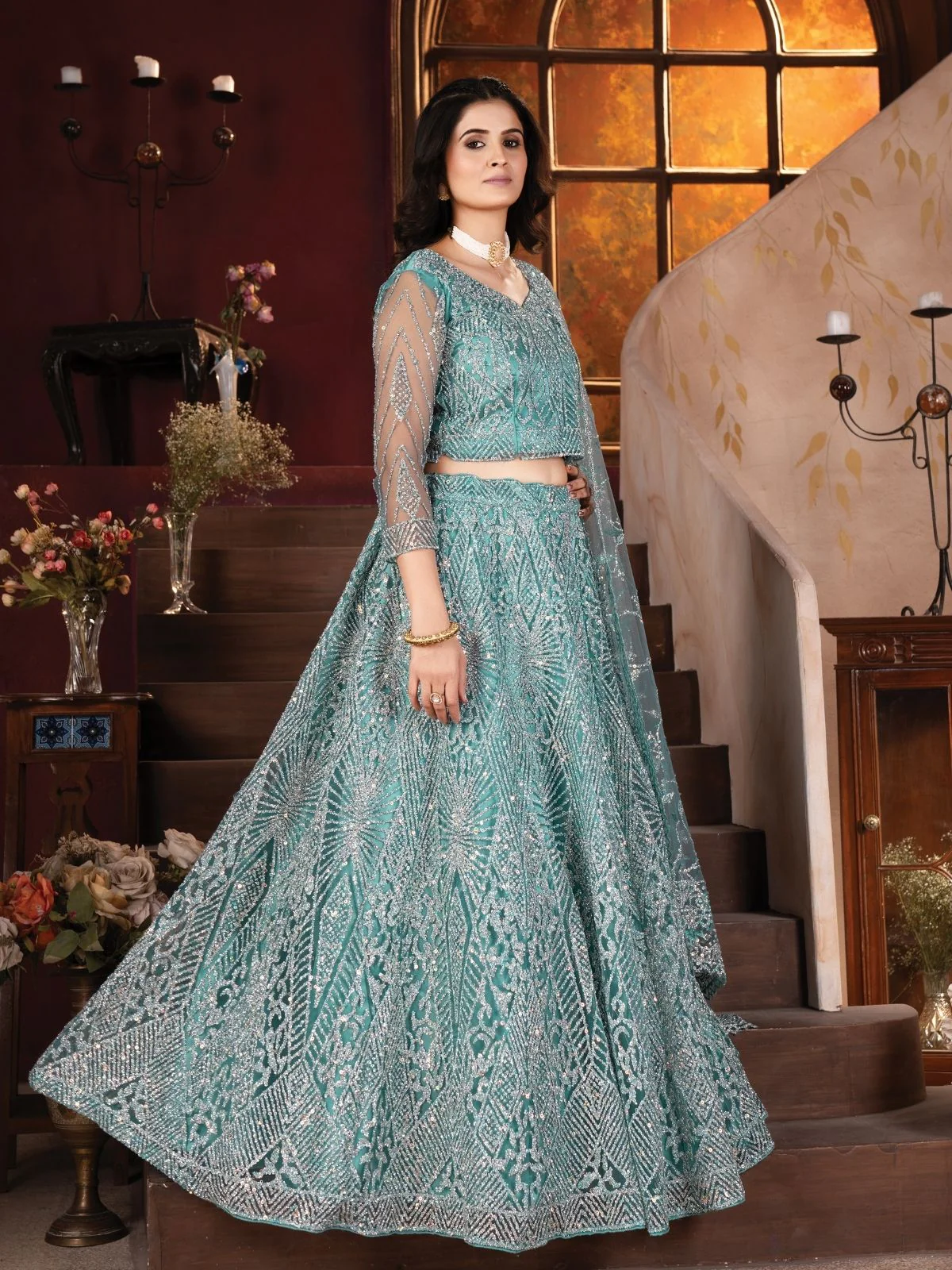 Odette Blue Net Embroidered Semi-Stitched lehenga For Women - Image 3