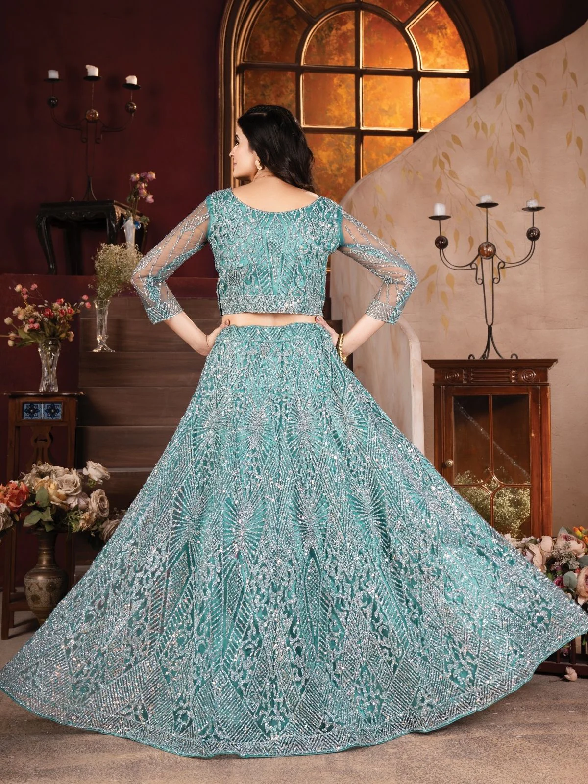 Odette Blue Net Embroidered Semi-Stitched lehenga For Women - Image 5
