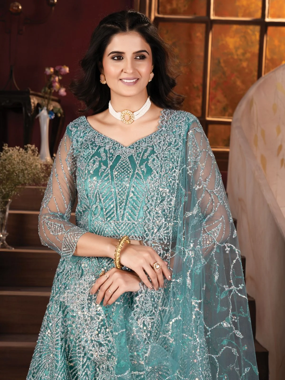 Odette Blue Net Embroidered Semi-Stitched lehenga For Women - Image 6