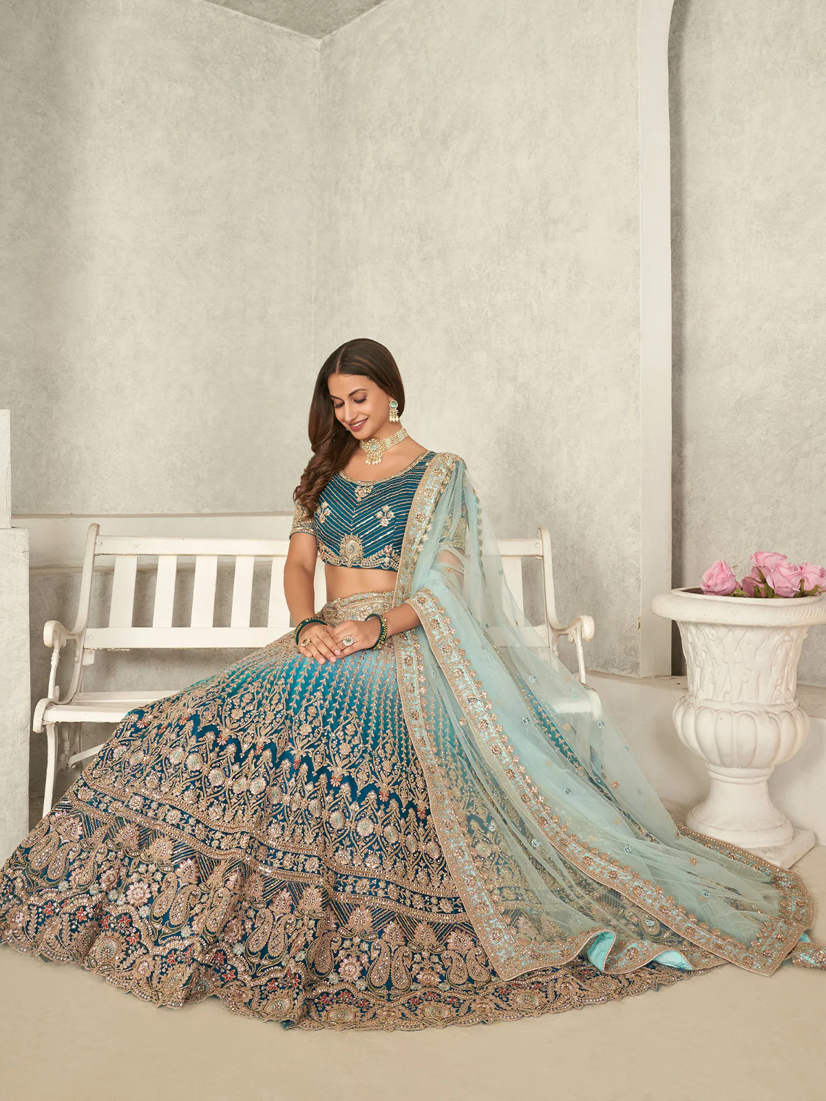Odette Blue Net Embroidered Semi Stitched Lehenga With Unstitched Blouse for Women - Image 2