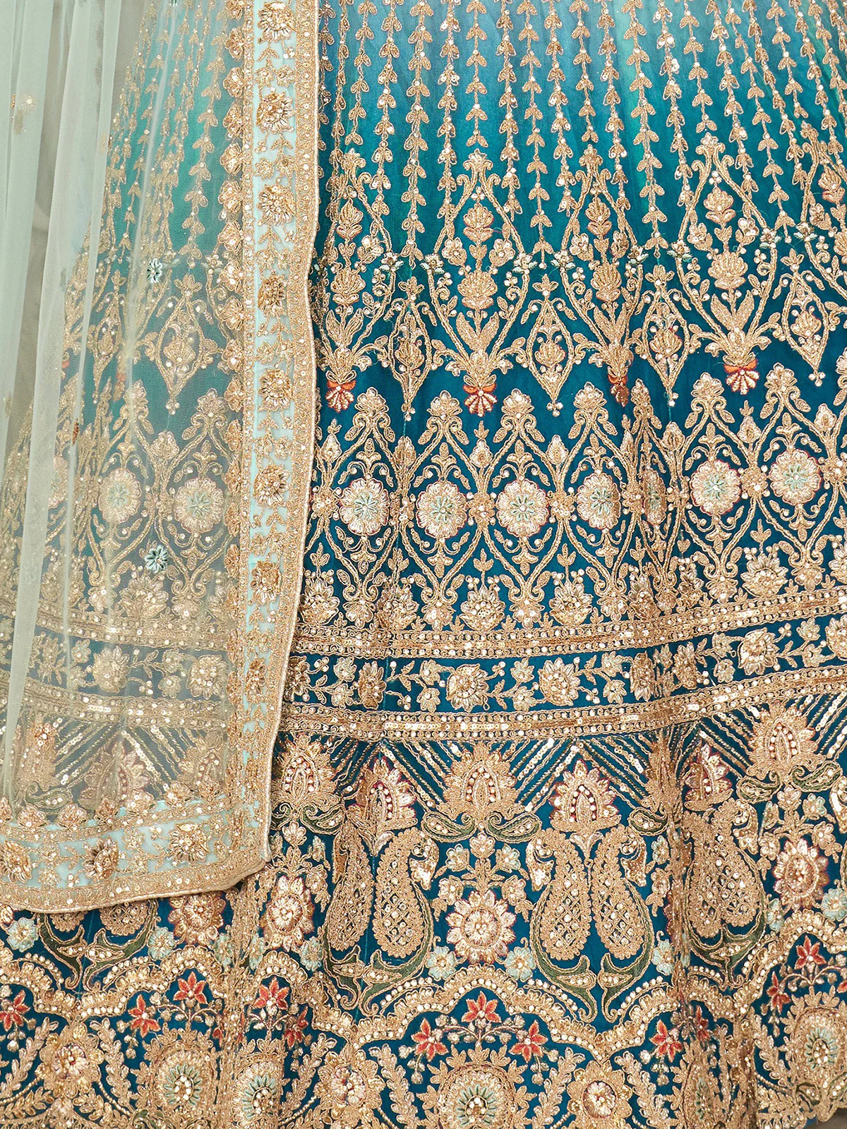 Odette Blue Net Embroidered Semi Stitched Lehenga With Unstitched Blouse for Women - Image 5
