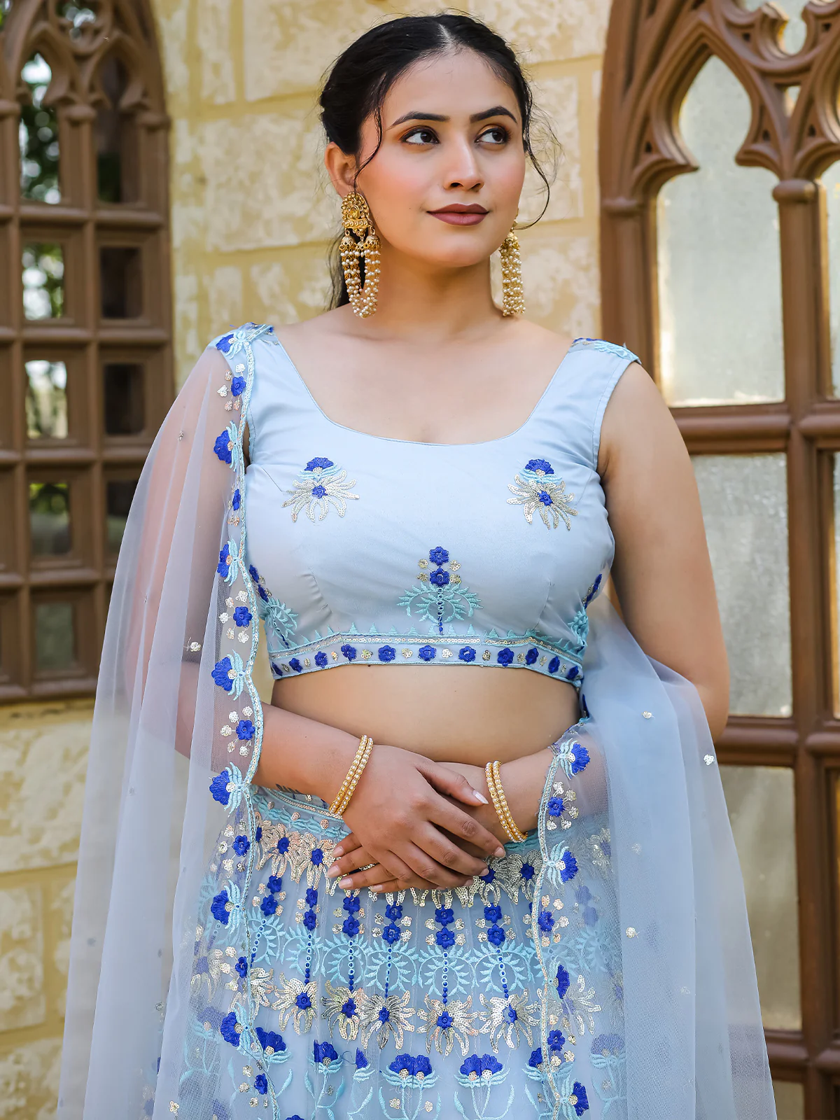 Odette Blue Net Embroidered Semi Stitched Lehenga With Unstitched Blouse For Women - Image 5