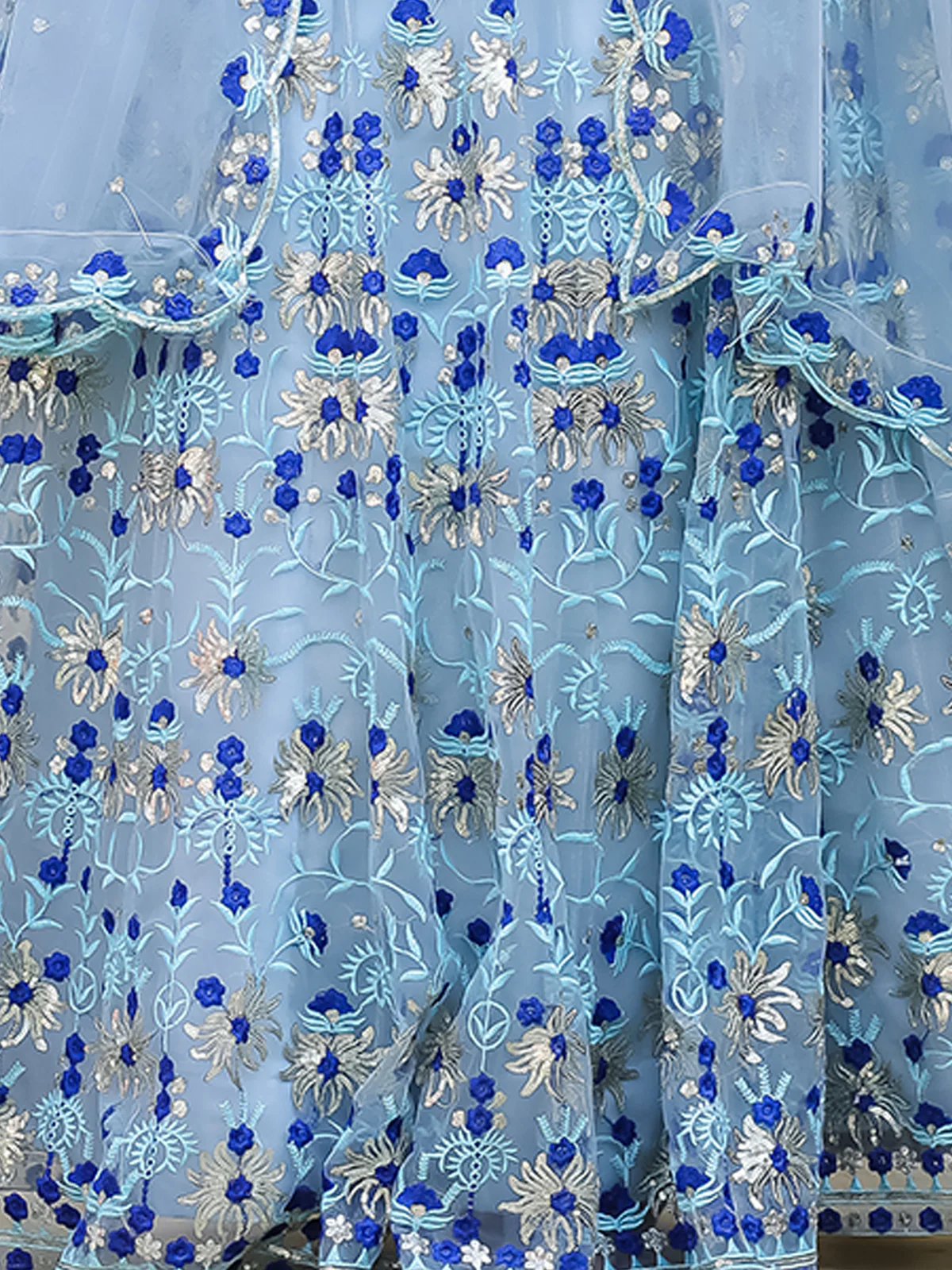 Odette Blue Net Embroidered Semi Stitched Lehenga With Unstitched Blouse For Women - Image 7