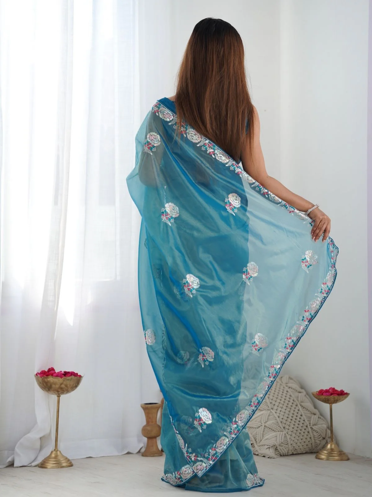 Odette Blue Net Sequins Embroidered Saree With Unstitched Blouse For Women - Image 5