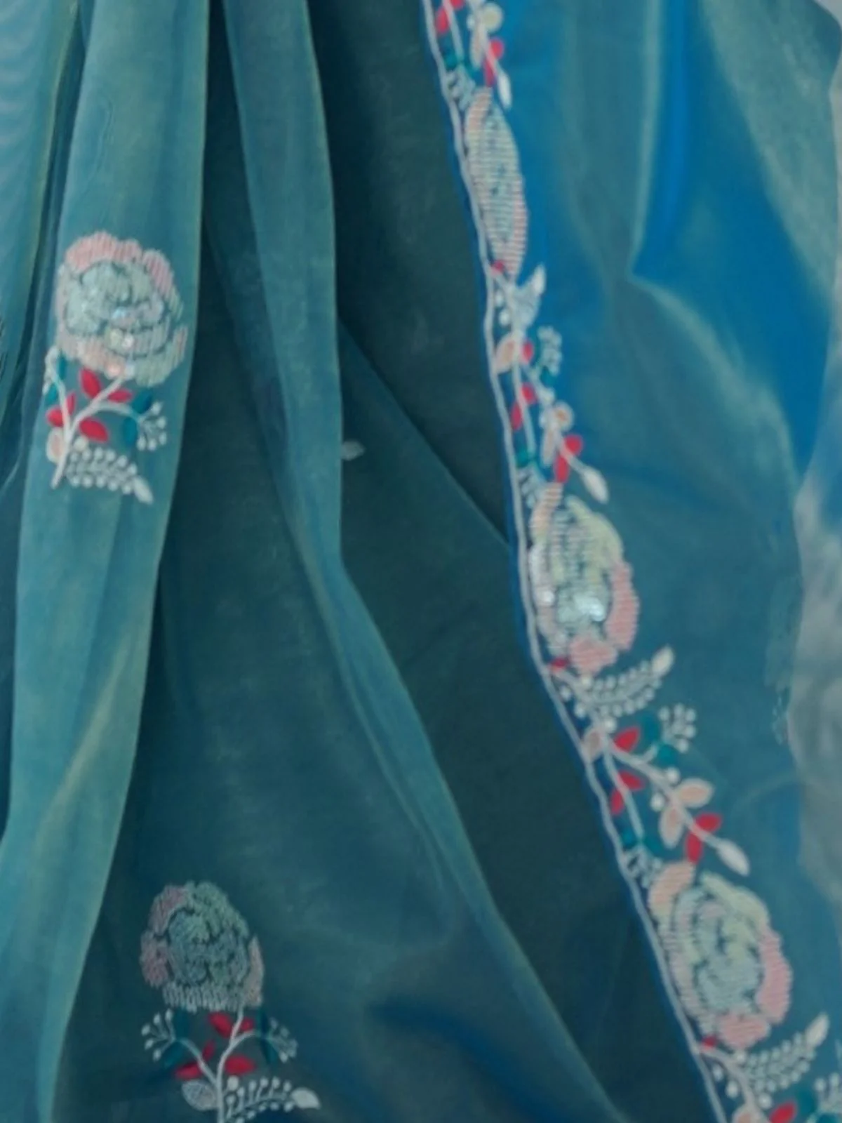 Odette Blue Net Sequins Embroidered Saree With Unstitched Blouse For Women - Image 6