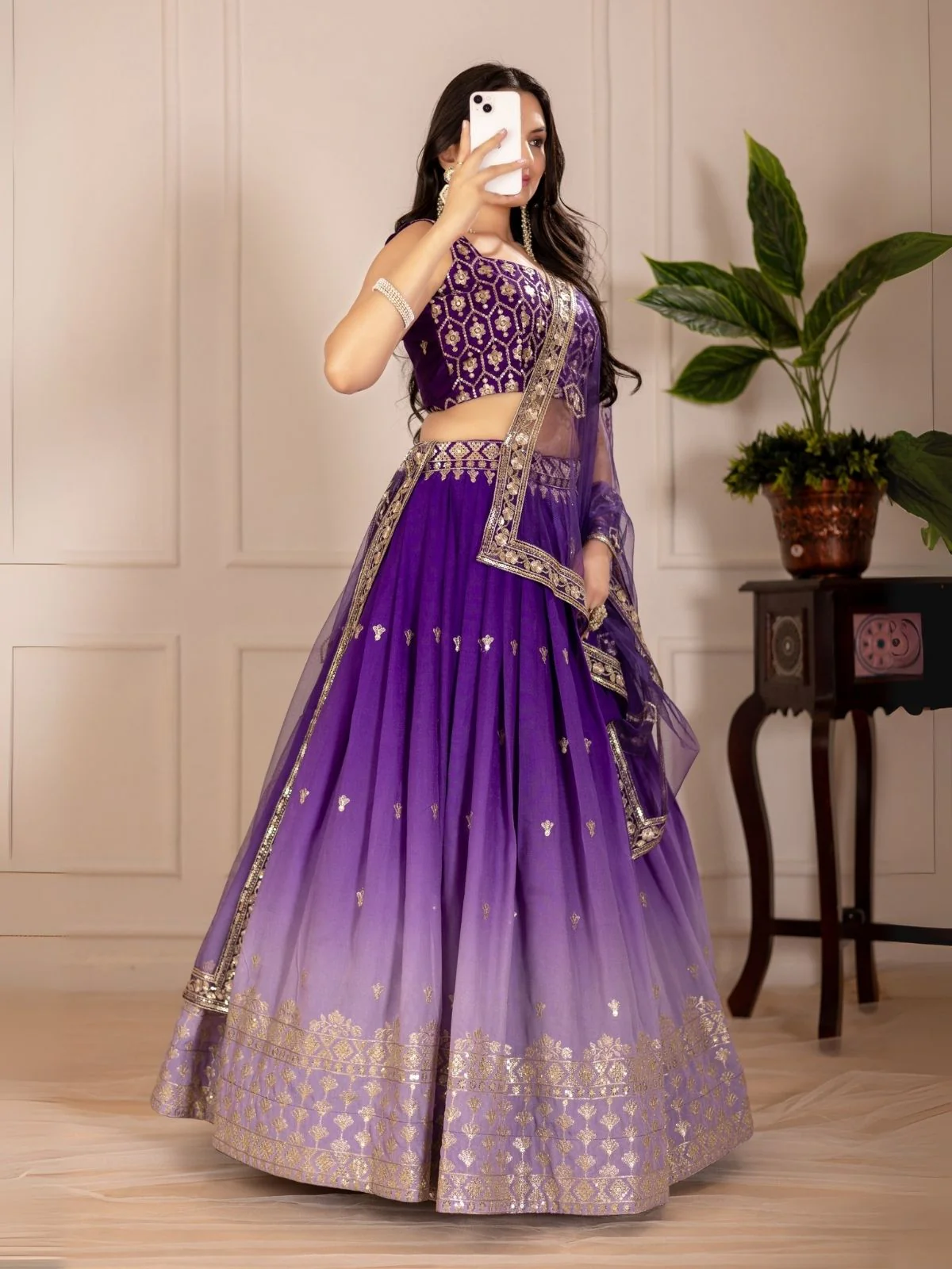 Odette Blue Ombre Silk Blend Embroidered Semi-Stitched lehenga For Women - Image 2