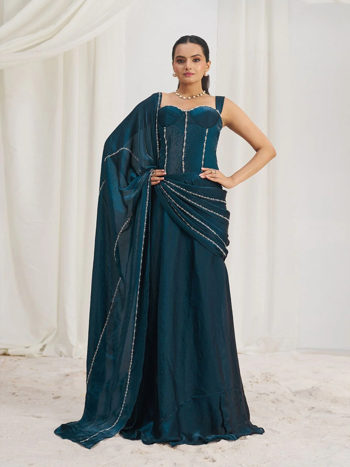 Odette Blue Organza Embellished Ready To Wear Saree With Stitched Blouse For Women