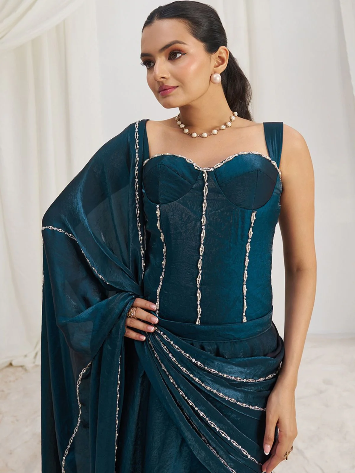 Odette Blue Organza Embellished Ready To Wear Saree With Stitched Blouse For Women - Image 5