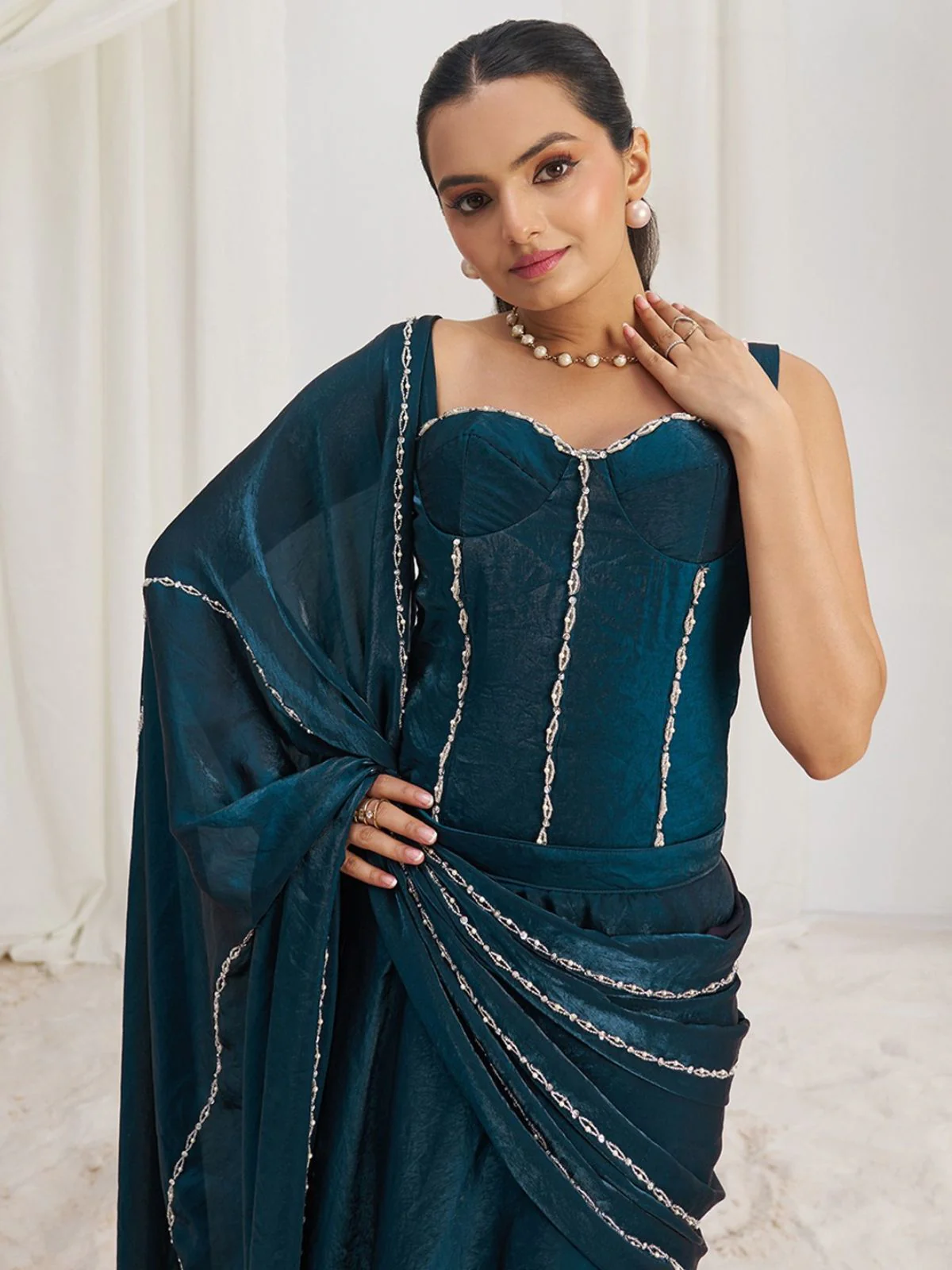 Odette Blue Organza Embellished Ready To Wear Saree With Stitched Blouse For Women - Image 6