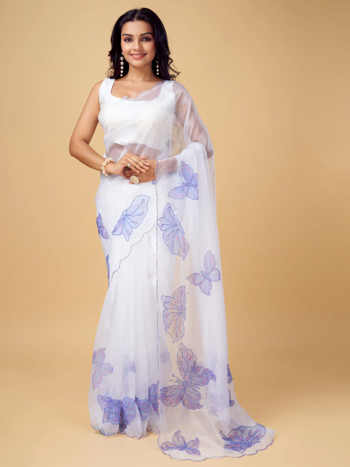 Odette White and Blue Organza Printed Saree With Unstitched Blouse For Women - Image 2