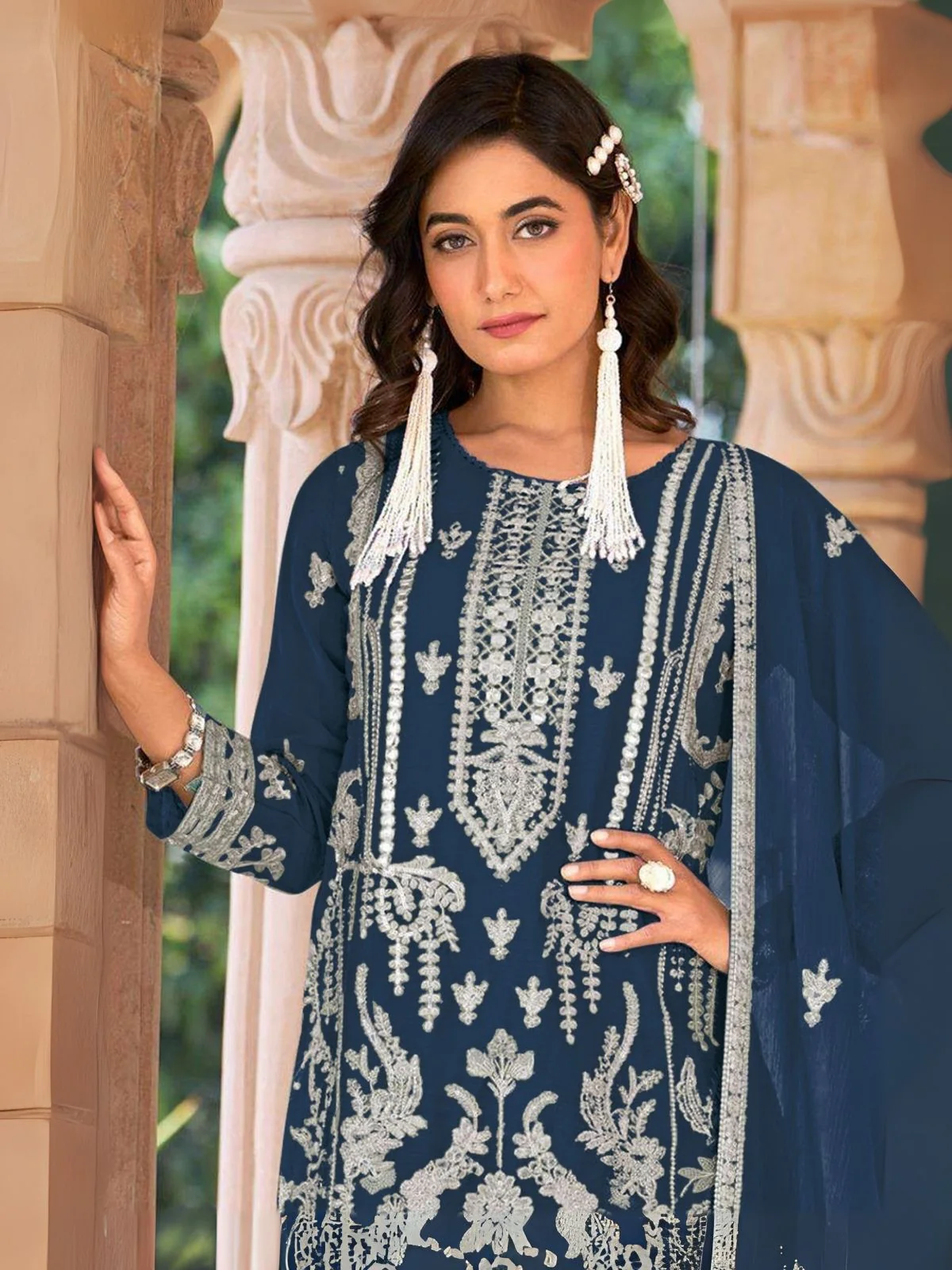 Odette Blue Organza Embroidered Semi-Sitched Kurta Set For Women - Image 2
