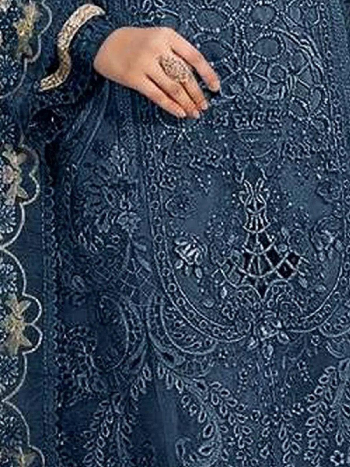 Odette Blue Organza Embroidered Semi-Stitched Kurta Set For Women - Image 3