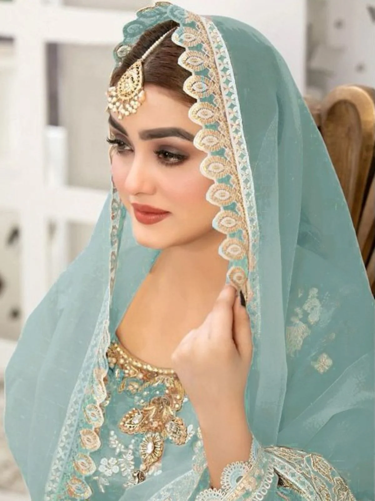 Odette Blue Organza Embroidered Semi-Stitched Kurta Set For Women - Image 2