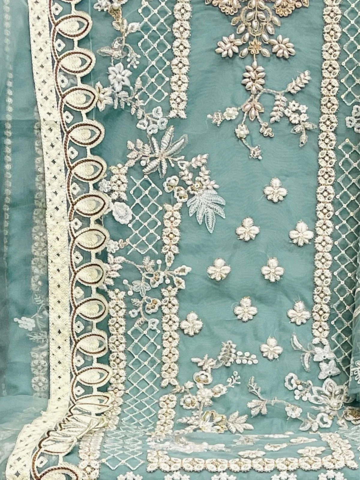 Odette Blue Organza Embroidered Semi-Stitched Kurta Set For Women - Image 3
