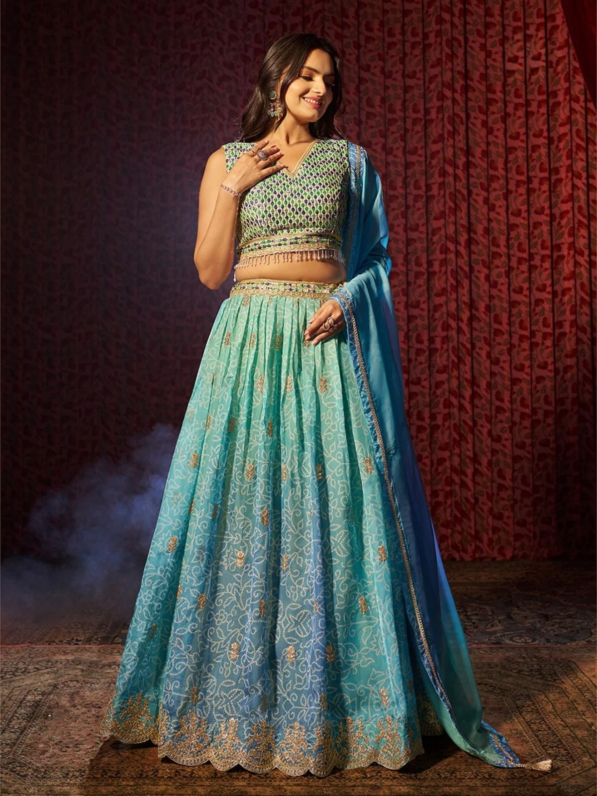 Odette Blue Organza Embroidered Semi-Stitched Lehenga For Women - Image 2