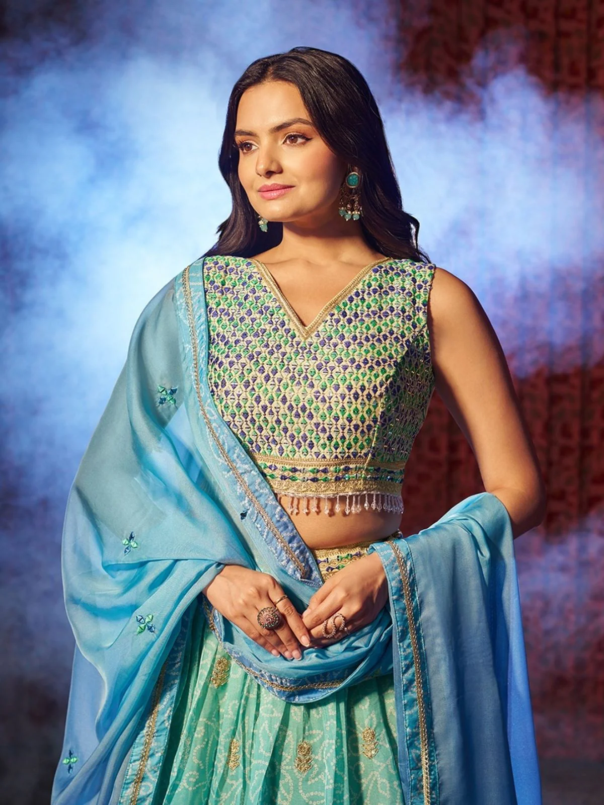 Odette Blue Organza Embroidered Semi-Stitched Lehenga For Women - Image 5