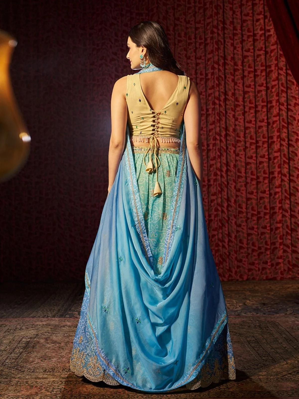 Odette Blue Organza Embroidered Semi-Stitched Lehenga For Women - Image 6