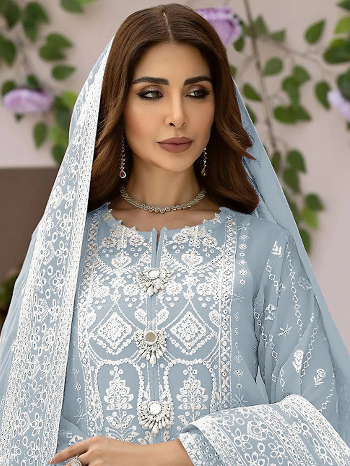 Odette Blue Organza Embroidered Semi Stitched Salwar Suit For Women - Image 2