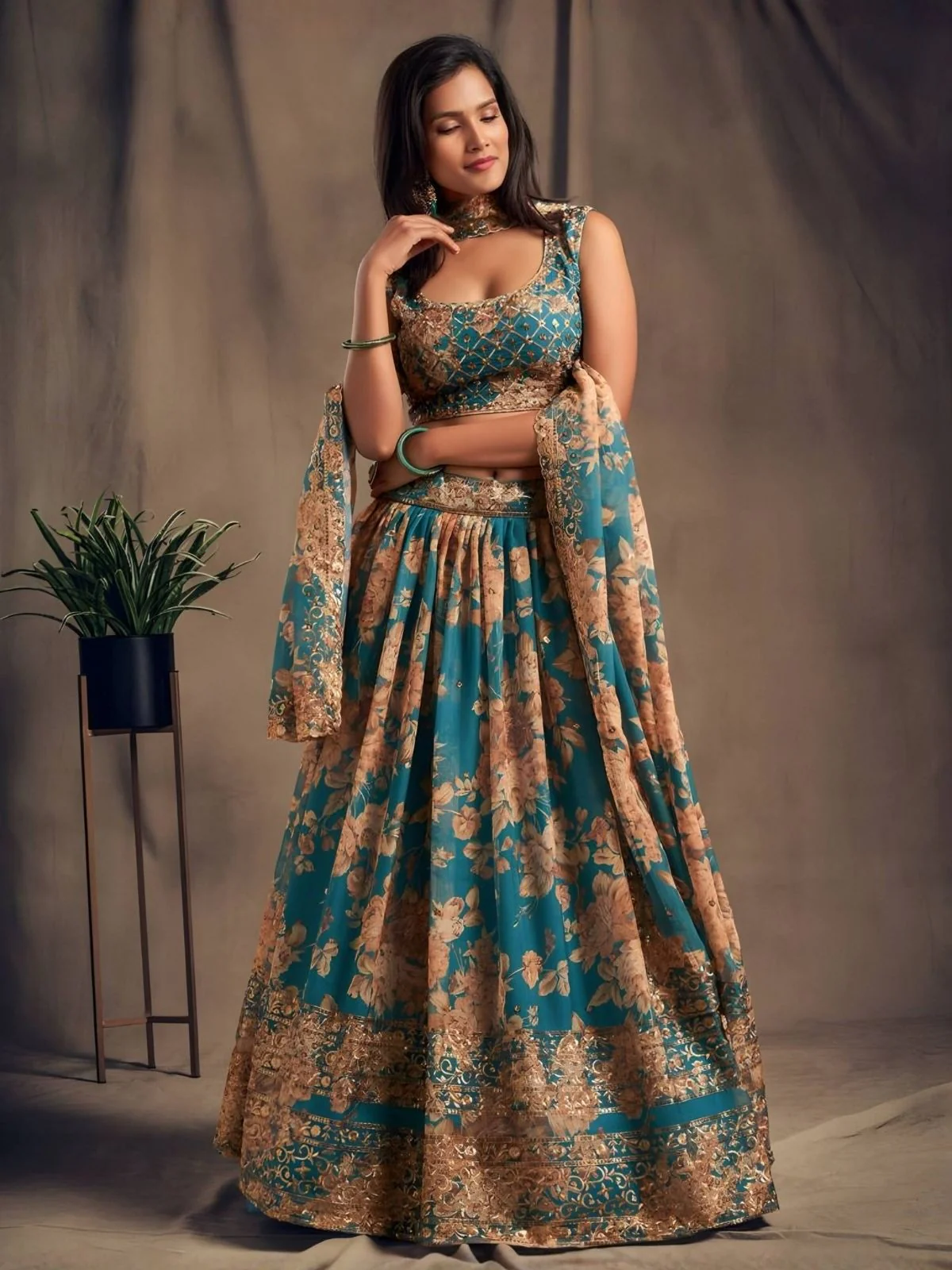 Odette Blue Organza Printed And Embriodered Semi-Stitched Lehenga For Women