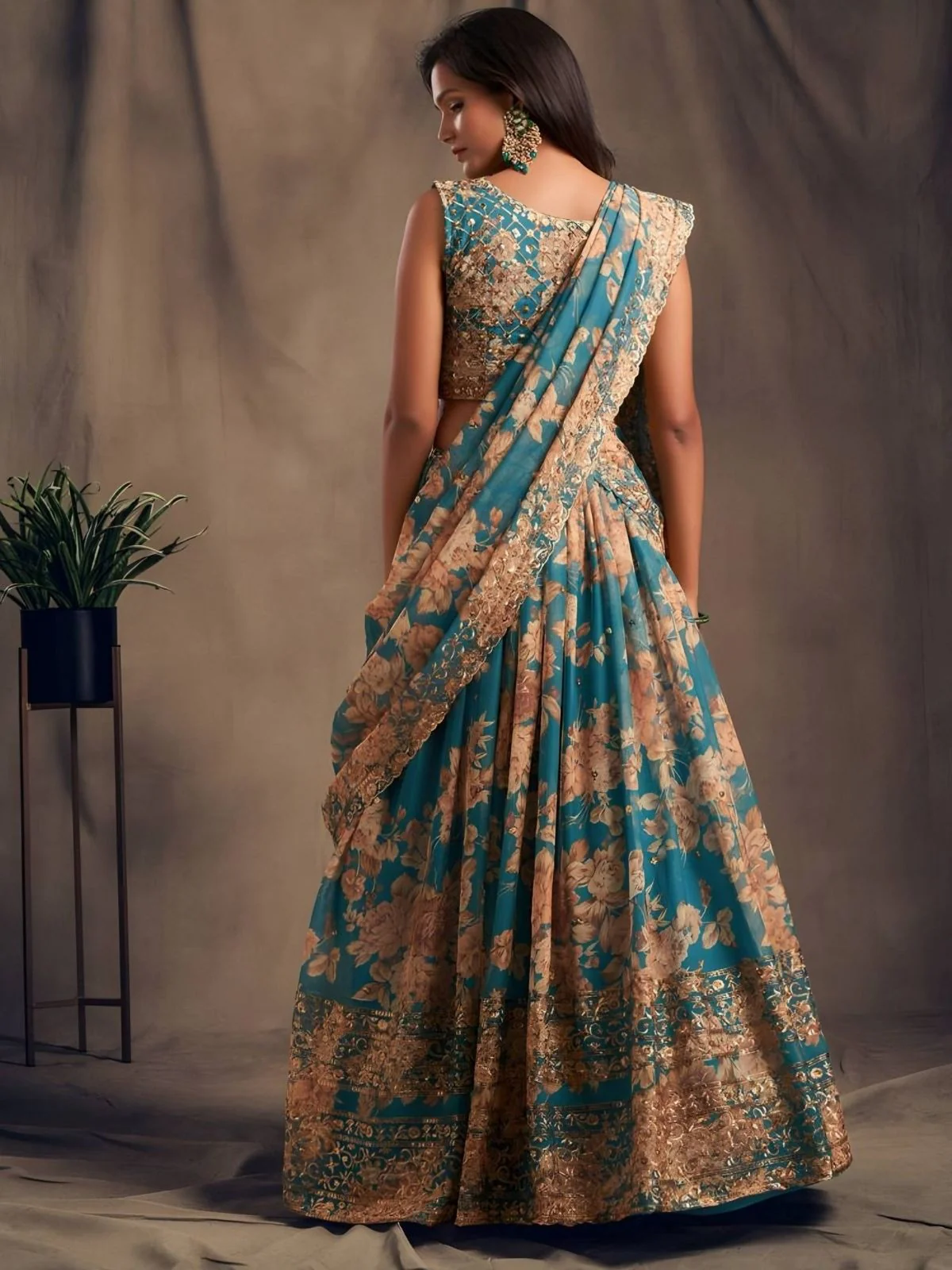 Odette Blue Organza Printed And Embriodered Semi-Stitched Lehenga For Women - Image 2
