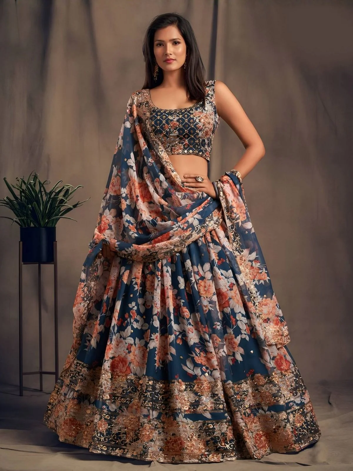 Odette Blue Organza Printed And Embriodered Semi-Stitched Lehenga For Women