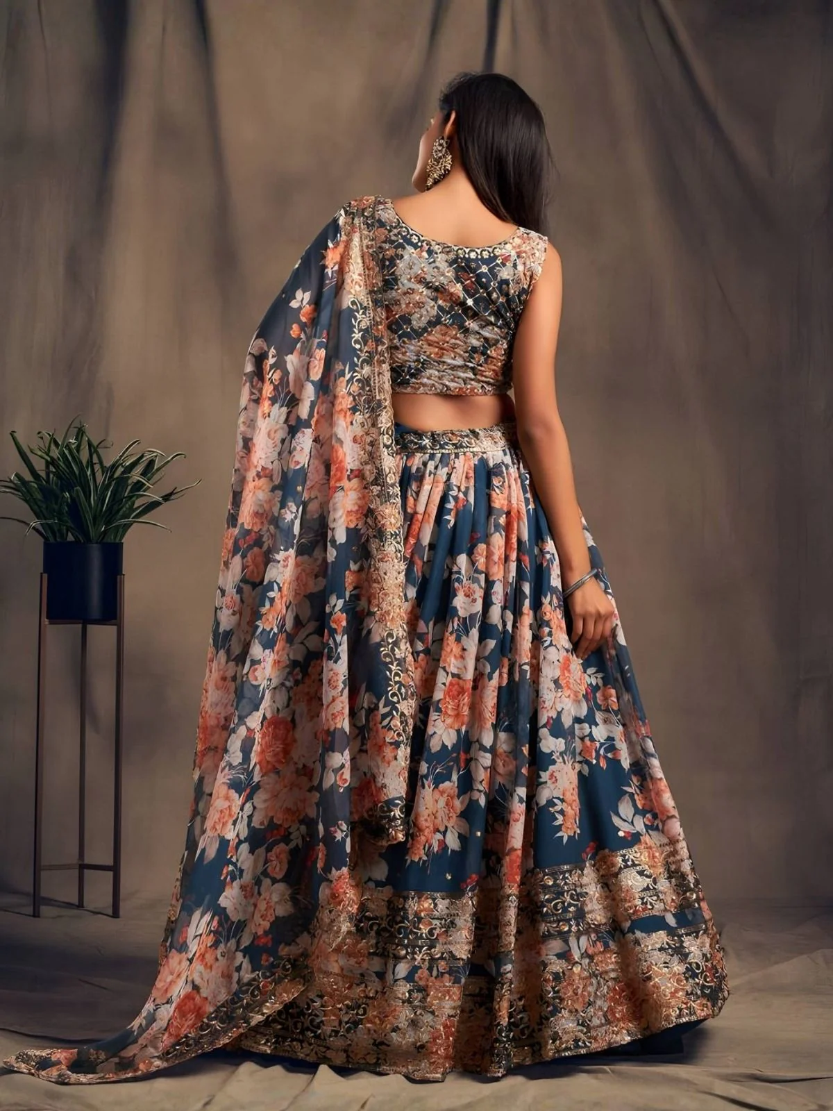 Odette Blue Organza Printed And Embriodered Semi-Stitched Lehenga For Women - Image 2