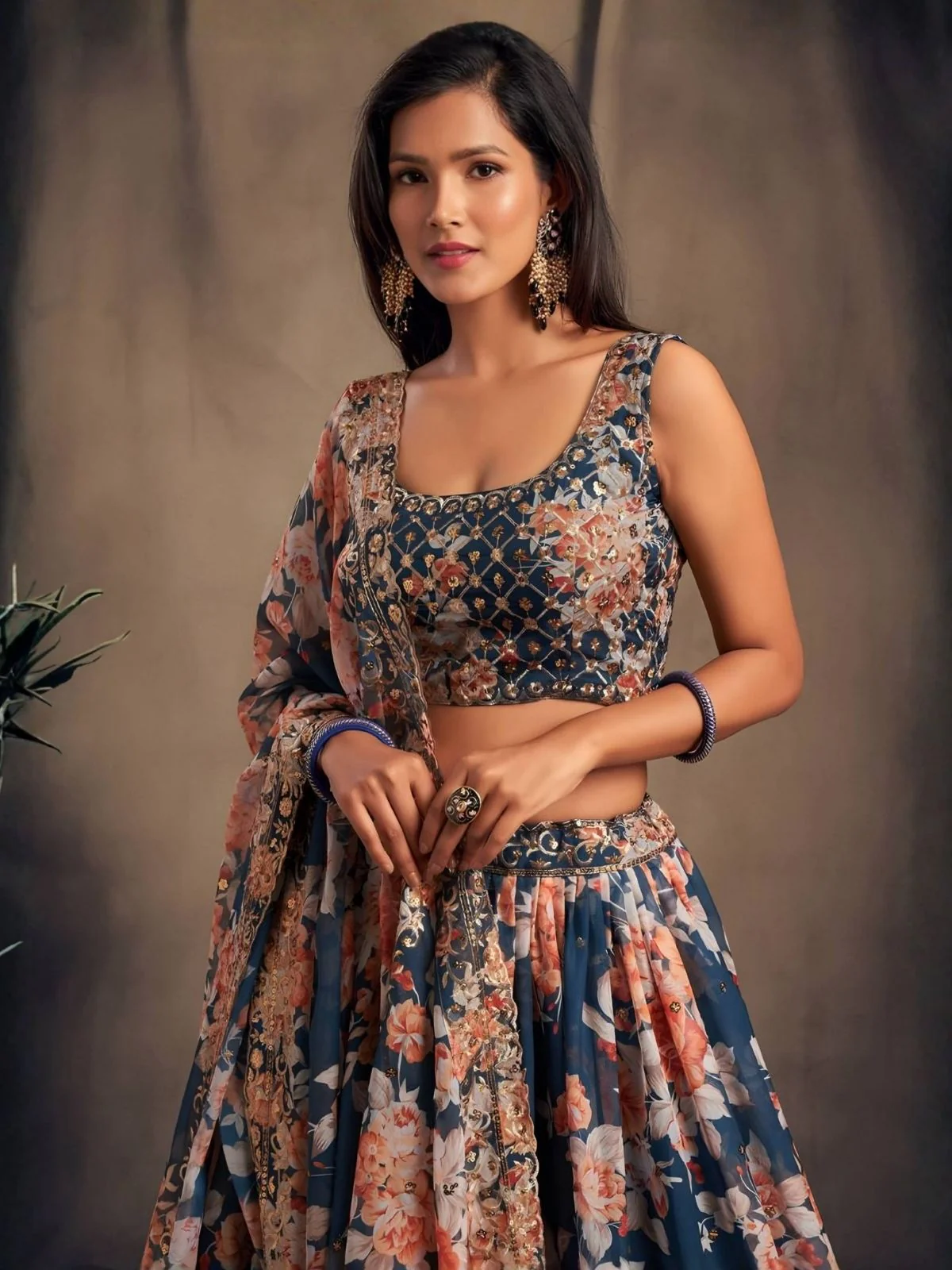 Odette Blue Organza Printed And Embriodered Semi-Stitched Lehenga For Women - Image 4