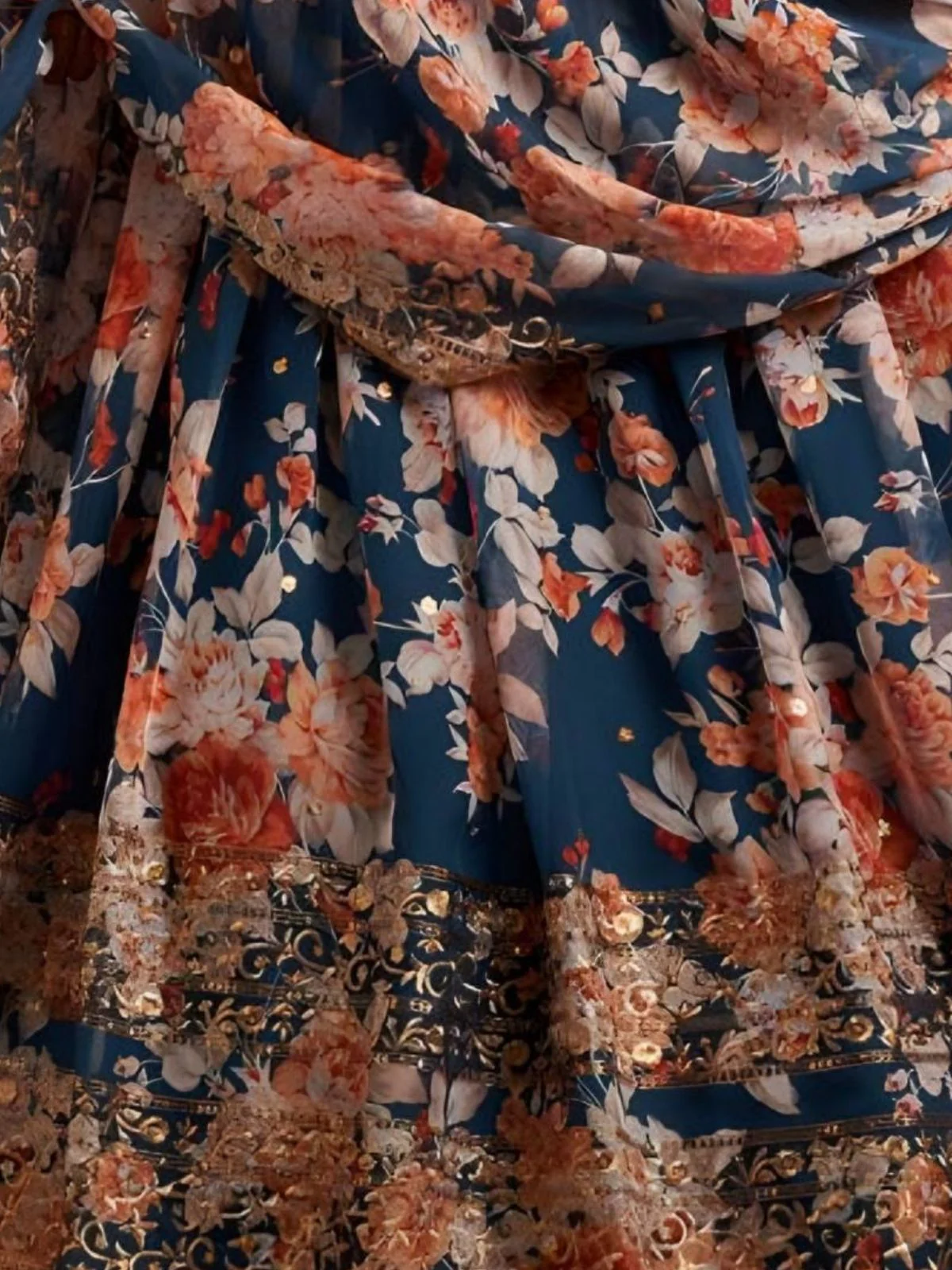 Odette Blue Organza Printed And Embriodered Semi-Stitched Lehenga For Women - Image 5