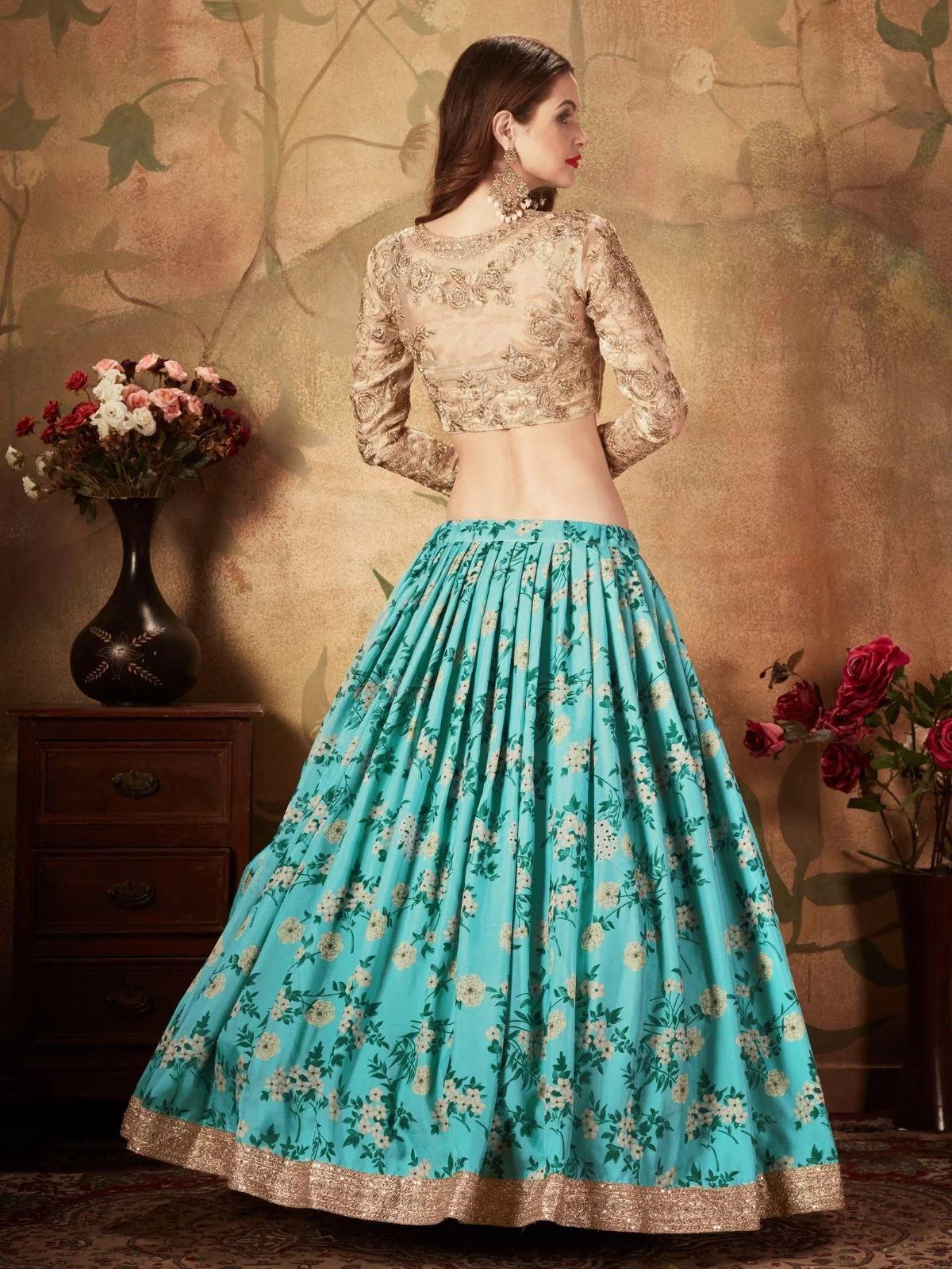 Odette Blue Organza Printed Semi Stitched Lehenga With Unstitched Blouse For Women - Image 4